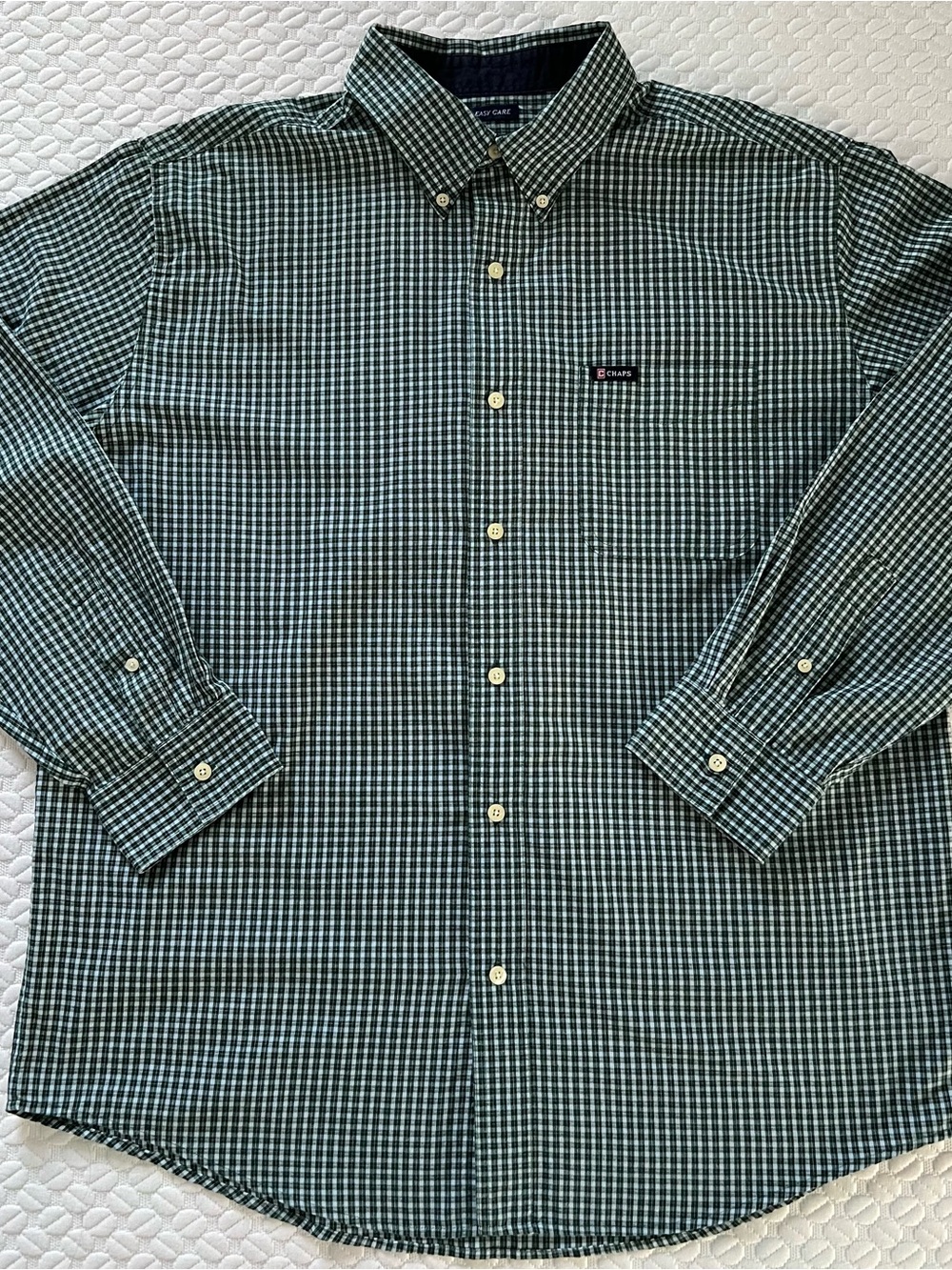 CHAPS Men's Green and White Plaid Button-Down Shirt Size L